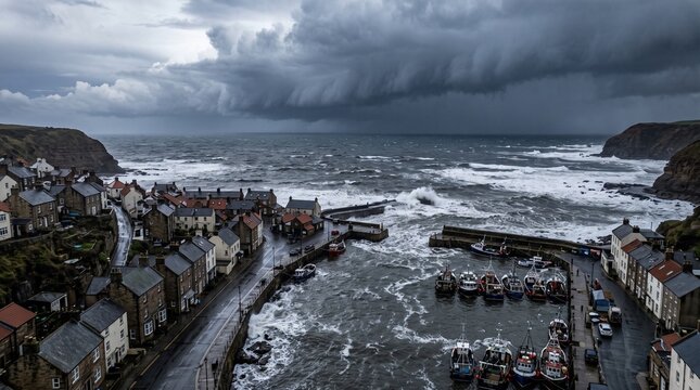 Dramatic Storm Clouds Gather Over a Picturesque Coastal Village Harbor with Fishing Boats