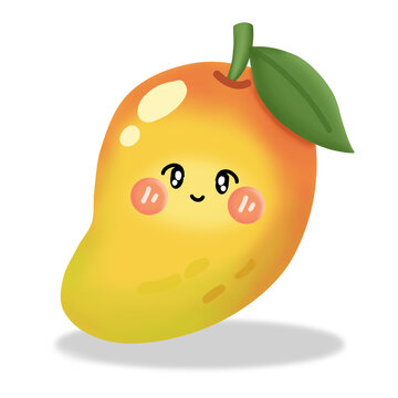 Cute kawaii yellow mango fruit illustration isolated on transparent background