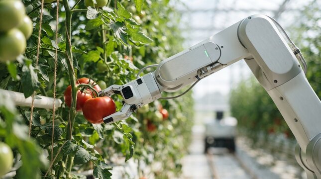 Modern robotic arm precision harvesting ripe red tomatoes in greenhouse