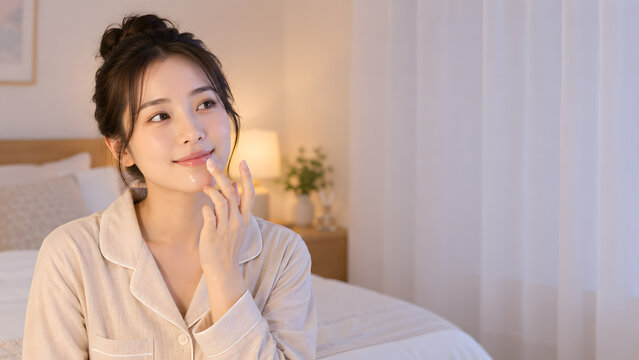 就寝前に唇を保湿するパジャマ姿の若い日本人女性のナイトケア