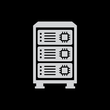 Data server rack vector icon with integrated microchip CPU symbols isolated on a dark background.