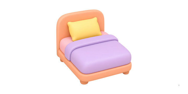 Minimalist 3D bed icon with pastel purple blanket, cute cartoon furniture for interior design apps, soft orange bed frame with yellow pillow