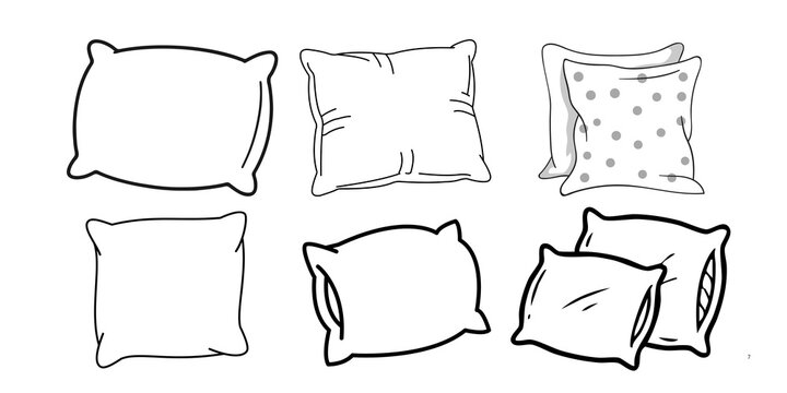 Hand drawn pillow line art set, minimalist bedroom cushion sketches, cozy home decor bedding illustrations on white background