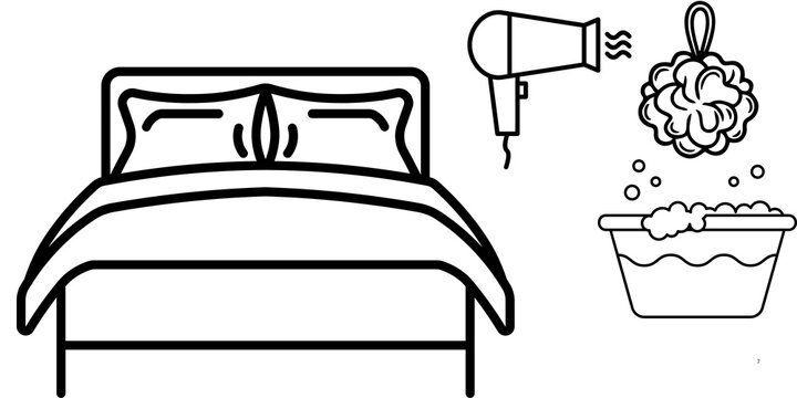 Minimalist hotel icons set, black line art of bed and bath amenities, hospitality service symbols for travel and lodging