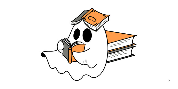 Cute ghost reading books illustration, spooky Halloween bookworm character, white phantom with orange books on white background