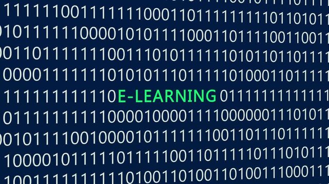 E-learning text or word with digital binary animation made in After Effects for digital world technology concept, representing online education platforms, digital learning tools, and virtual knowledge
