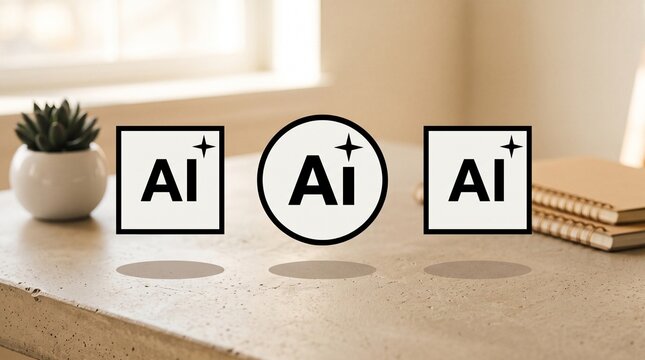 Artificial intelligence icons hover above a stone desk in a bright contemporary office environment near a small plant.