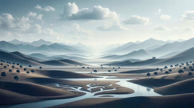 Fantasy epic magic mountain landscape. Mystical winter valley valley , Panoramic view of big mountains .