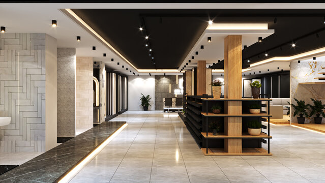 Contemporary showroom interior showcasing elegant ceramic tiles and building materials with stylish display racks tile showroom interior design modern store home decor construction materials