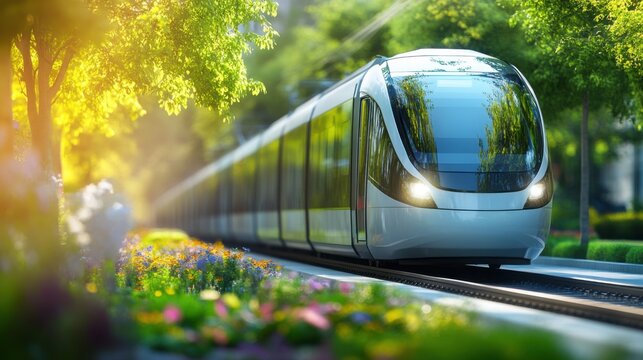 A sleek white train glides through a vibrant forest park, surrounded by lush greenery and dappled sunlight, showcasing the beauty of nature and modern transport.