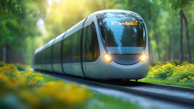A sleek white train glides through a vibrant forest park, surrounded by lush greenery and dappled sunlight, showcasing the beauty of nature and modern transport.