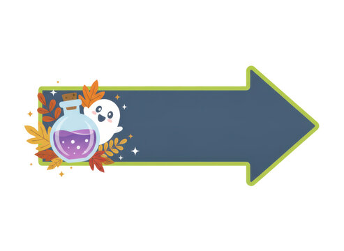 Pixel art arrow sign with a cute ghost and potion bottle surrounded by colorful autumn fall leaves for design