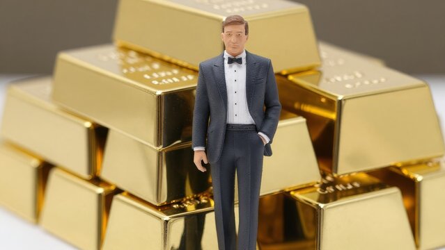 Businessman Standing Proudly Among Shiny Gold Bars and Wealth