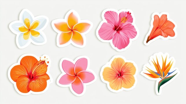 Colorful tropical flower stickers featuring hibiscus, plumeria, and bird of paradise designs on a white background.
