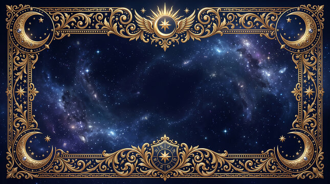 Ornate gold celestial frame with moon and stars on a deep space galaxy background