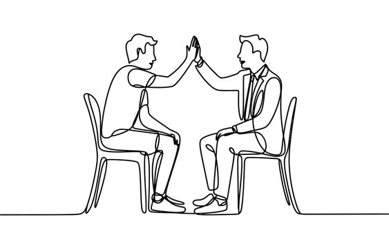 Continuous single line drawing of two men sitting on chairs giving a high five