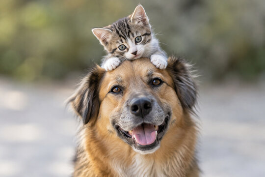 A calm mixed-breed dog with a small kitten resting on its head, showing animal friendship.