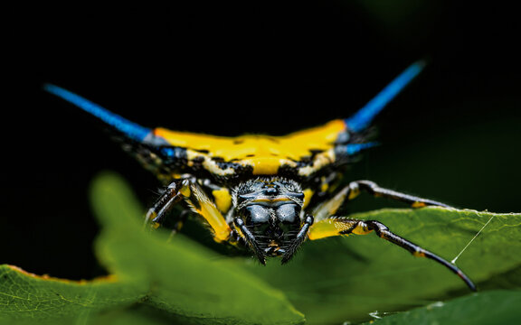 Yellow spiny orb weaver spider resting on green leaf