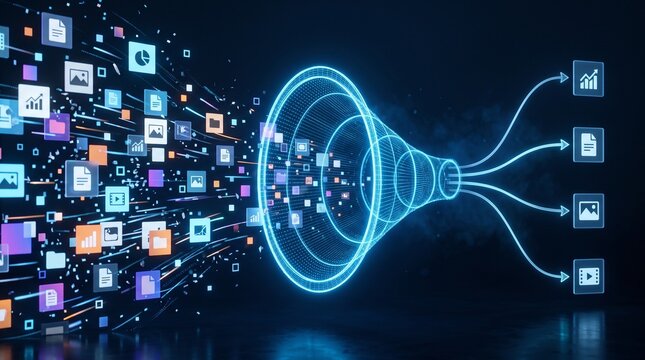 Digital Data Filtering Funnel Processing Information Streams Representing Data Management, Content Selection and Workflow Optimization