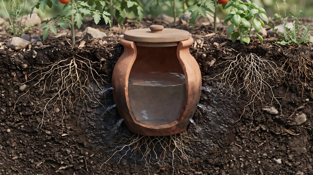 Cross Section Diagram of Ollas Underground Clay Pot Irrigation System Irrigating Plant Roots