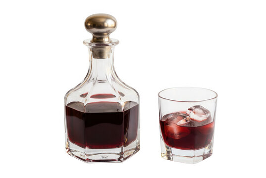 Caraffa di cristallo con liquore rosso e bicchiere con ghiaccio