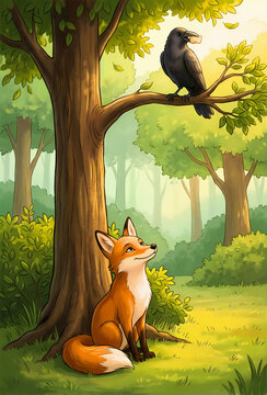 A red fox sitting peacefully under a tree in the woods looking up at a crow on a branch with woodland