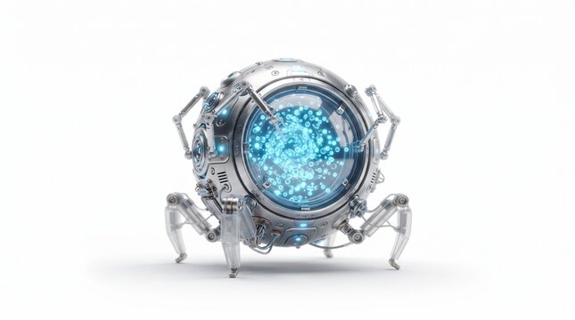 Futuristic spider robot with glowing blue core, metallic sci-fi drone on white background, advanced robotic technology