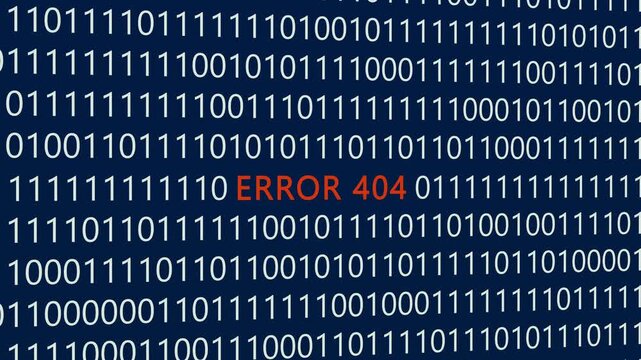 Error 404 text or word with digital binary animation made in After Effects for digital world technology concept, representing missing web pages, broken internet links, and server connection failures.