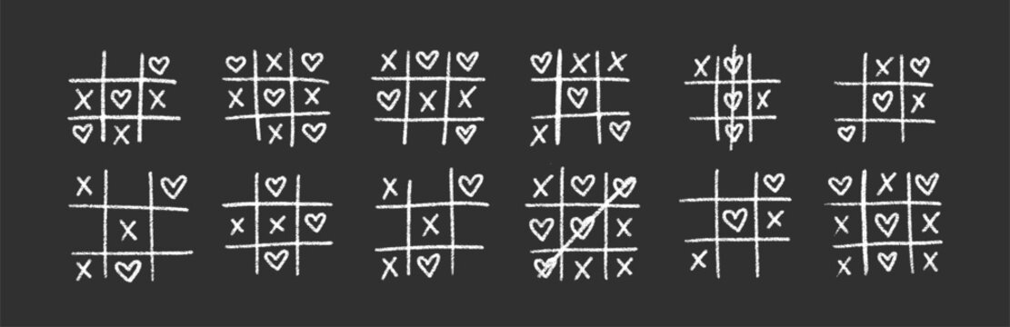Hand drawn tic tac toe game, doodle X-O elements. Hearts and cross marks. White vector illustration on a blackboard.