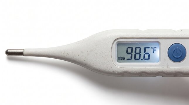 Macro view of digital thermometer screen displaying ready status and temperature reading isolated on a white background