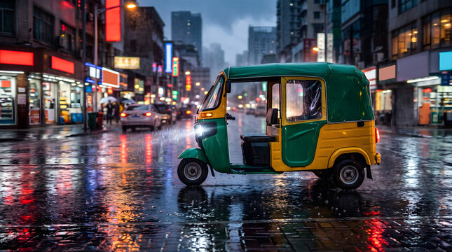 A vibrant green and yellow auto rickshaw parked on a wet city street at night with colorful neon lights reflecting on the pavement