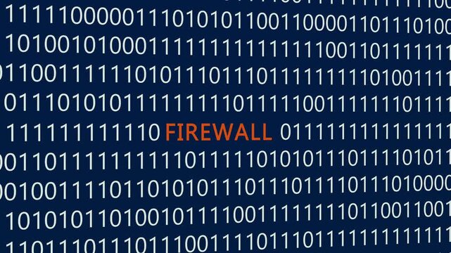 Firewall text or word with digital binary animation made in After Effects for digital world technology concept, representing network security barriers, cyber defense systems, data protection shields