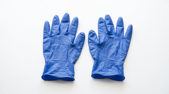 Top view of blue disposable nitrile medical gloves palms up isolated on white background for sanitary protection