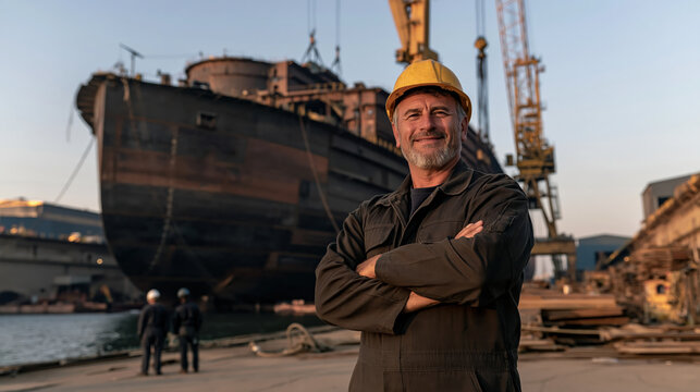 Senior marine construction supervisor standing confidently at shipyard with cargo vessel and crane, expressing pride