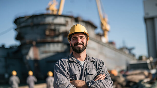 Shipyard worker confident man arms crossed protective helmet industrial harbor background under clear sky