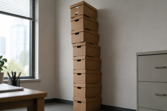 A tall, precarious stack of identical cardboard filing boxes in an office corner.