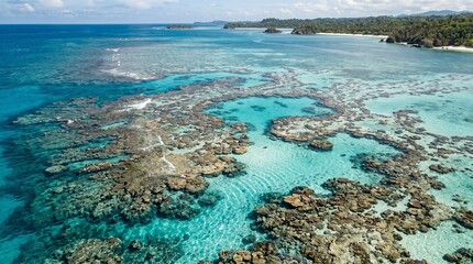 Aerial View of a Vibrant Coral Reef Ecosystem in Crystal Clear Turquoise Tropical Waters © Loback