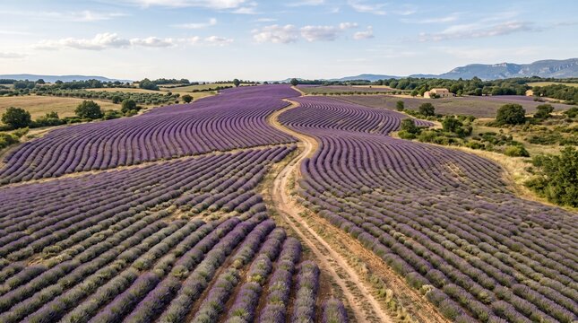 Expansive Lavender Fields in Provence France with Winding Dirt Road and Distant Farmhouse Under Blue Sky