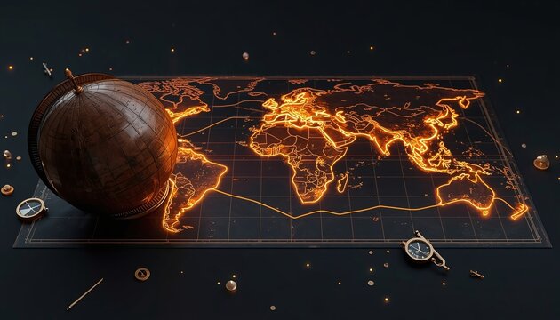 Digital glowing world map with wooden globe and compasses on dark background, representing global business, data, travel, and interconnected technology.