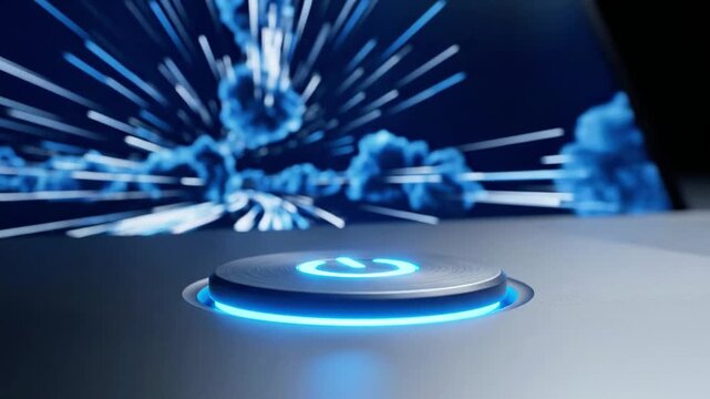 Glowing blue power button on modern electronic device.