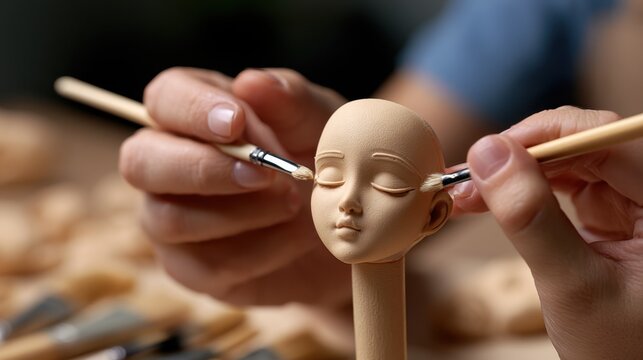 A person delicately painting the facial features of a blank doll head with fine brushes