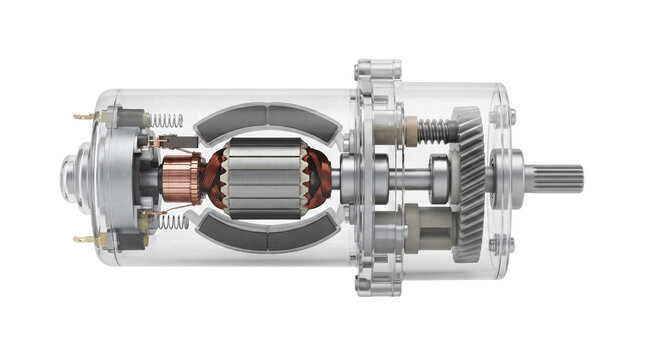 Transparent electric motor showing internal copper wiring magnets gears and shafts in high resolution detail