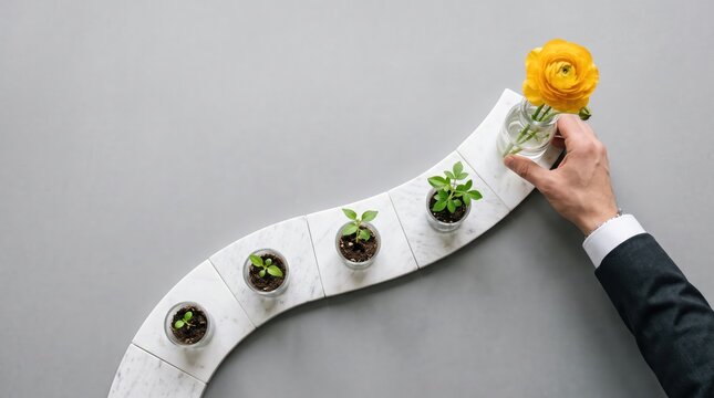 Business growth concept with seedlings and yellow flower on curved marble path, hand placing final bloom, symbolizing startup success, investment return, and development