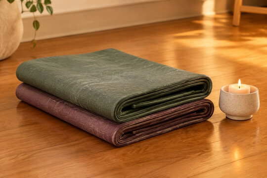 Two folded yoga mats on wooden floorboards with a ceramic candle holder.