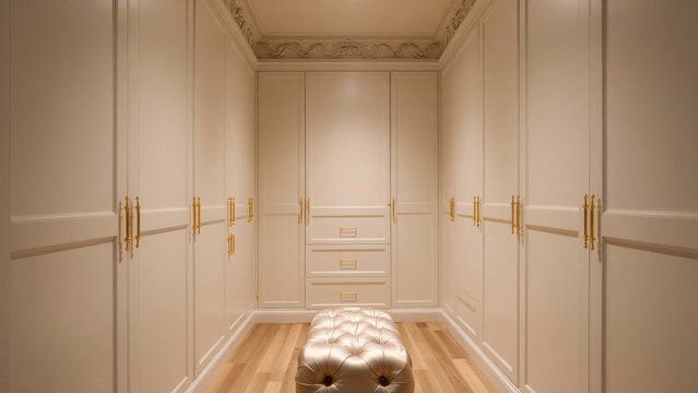 Elegant Walk-in Closet with Bright Lighting and Chic Design Elements