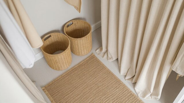 Cozy Bathroom with Natural Textiles and Woven Baskets