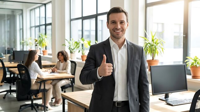 Smiling businessman showing thumbs up in modern office