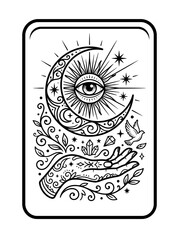 Mystical Crescent Moon Eye Symbol with Hand, Crystals, and Bird © al