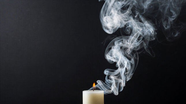 Thick billowing smoke curling upward from a freshly snuffed massive pillar candle against a dark background