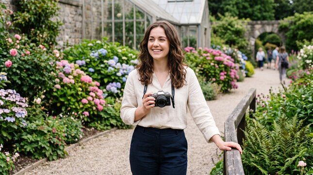 Smiling young woman holding camera while standing in botanical garden